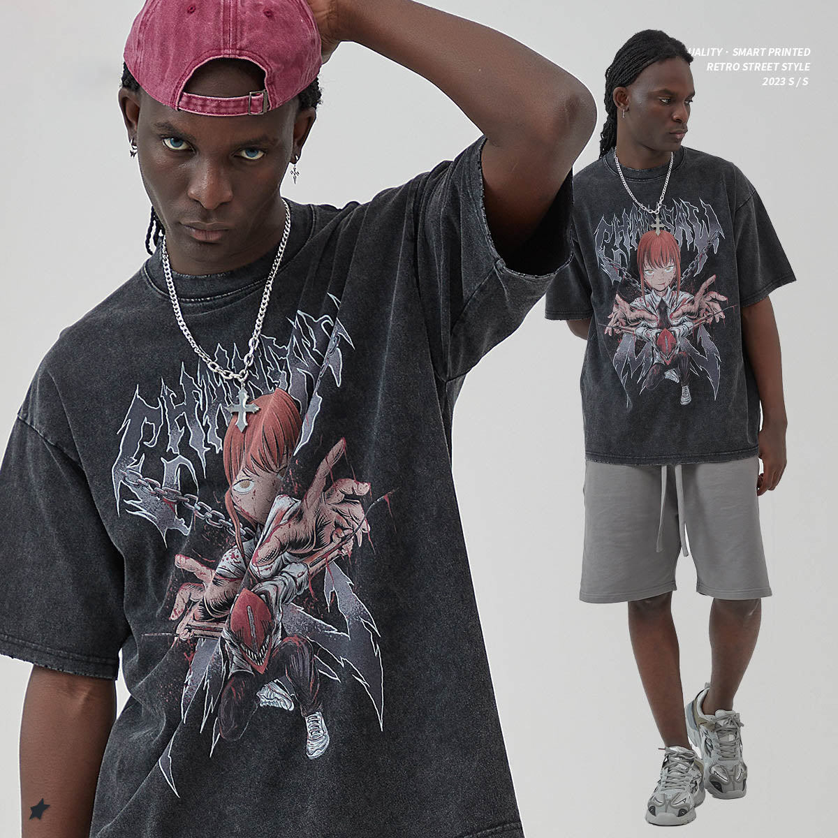 Mens and Womens Wear, Frayed Edges, Used Chainsaw, Anime, Cartoon, Printed T Shirts, Retro Short Sleeved T Shirts