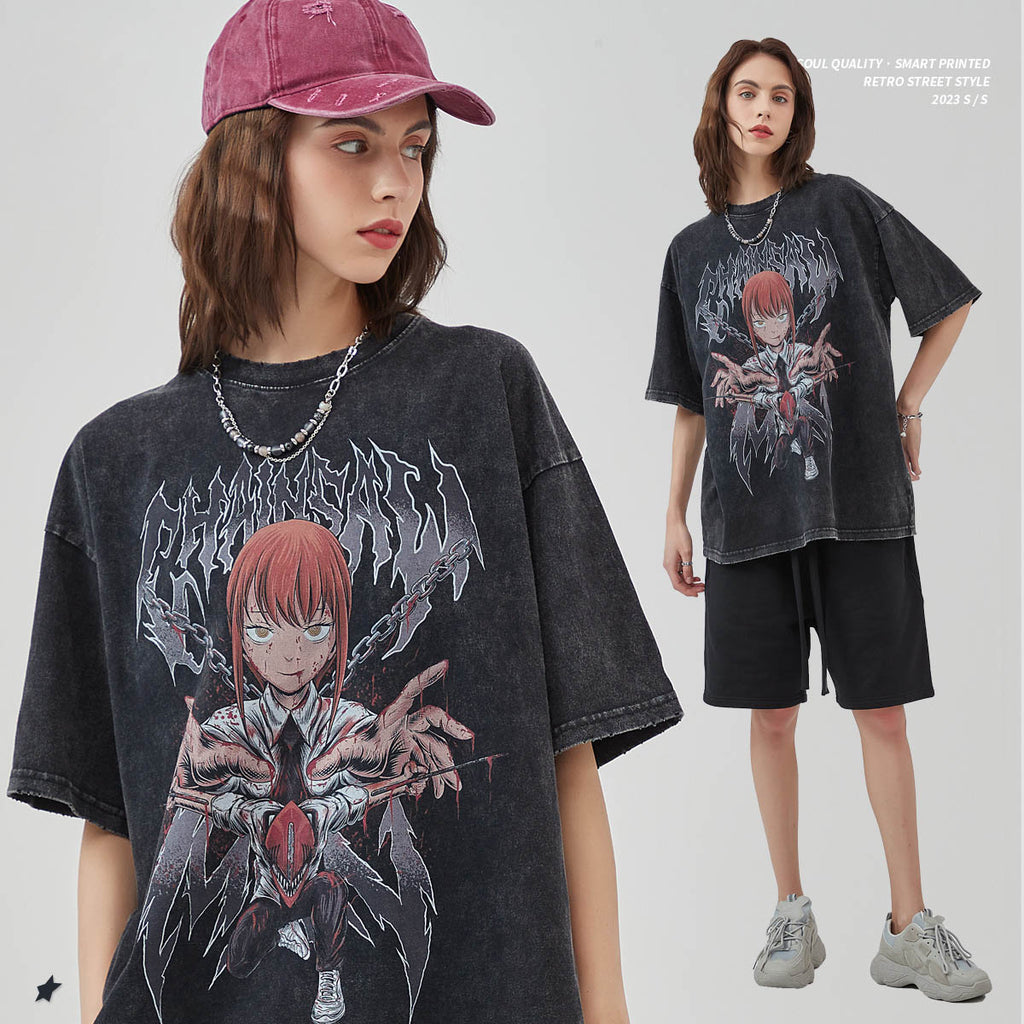 Mens and Womens Wear, Frayed Edges, Used Chainsaw, Anime, Cartoon, Printed T Shirts, Retro Short Sleeved T Shirts