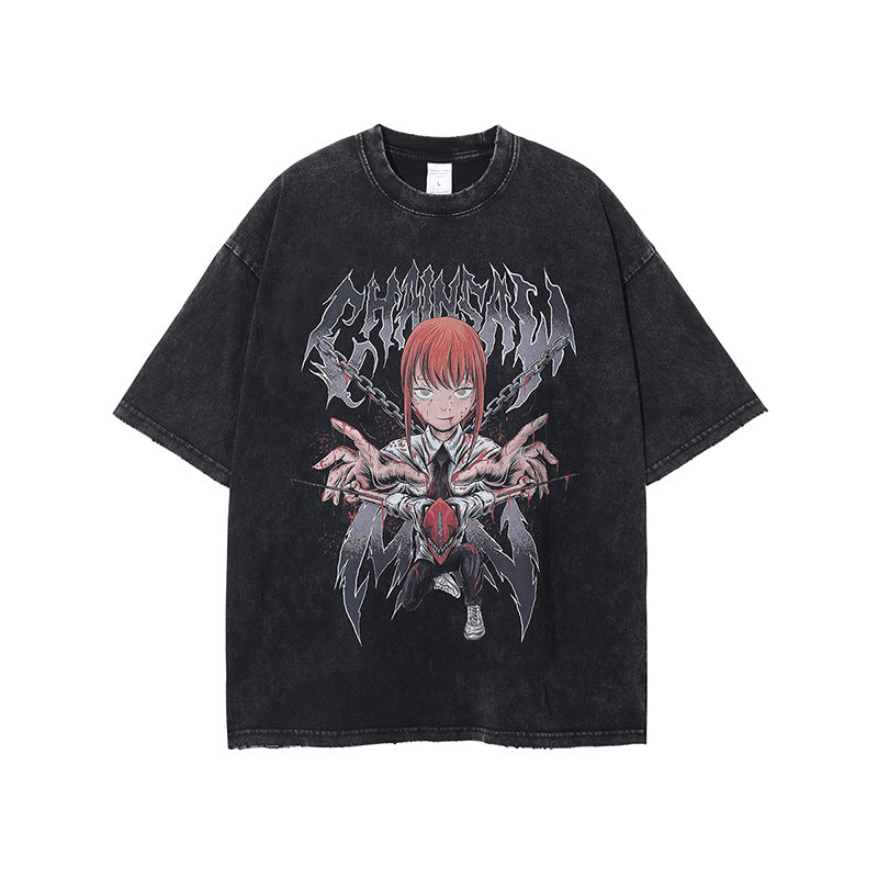Mens and Womens Wear, Frayed Edges, Used Chainsaw, Anime, Cartoon, Printed T Shirts, Retro Short Sleeved T Shirts