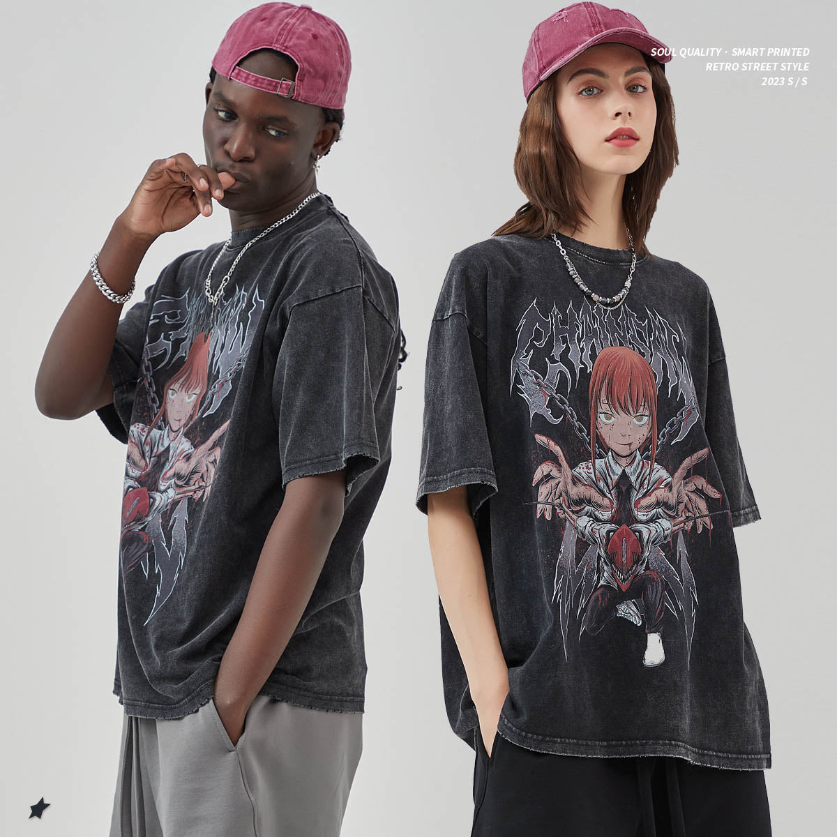 Mens and Womens Wear, Frayed Edges, Used Chainsaw, Anime, Cartoon, Printed T Shirts, Retro Short Sleeved T Shirts