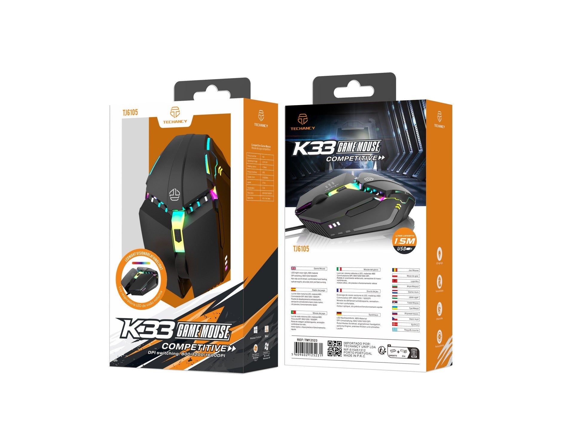 Techancy Gaming Mouse TJ6105, 1,5m, Com Led, Comutação De Dpi De 3 Velocidades, Roda De Deslocamento Antiderrapante