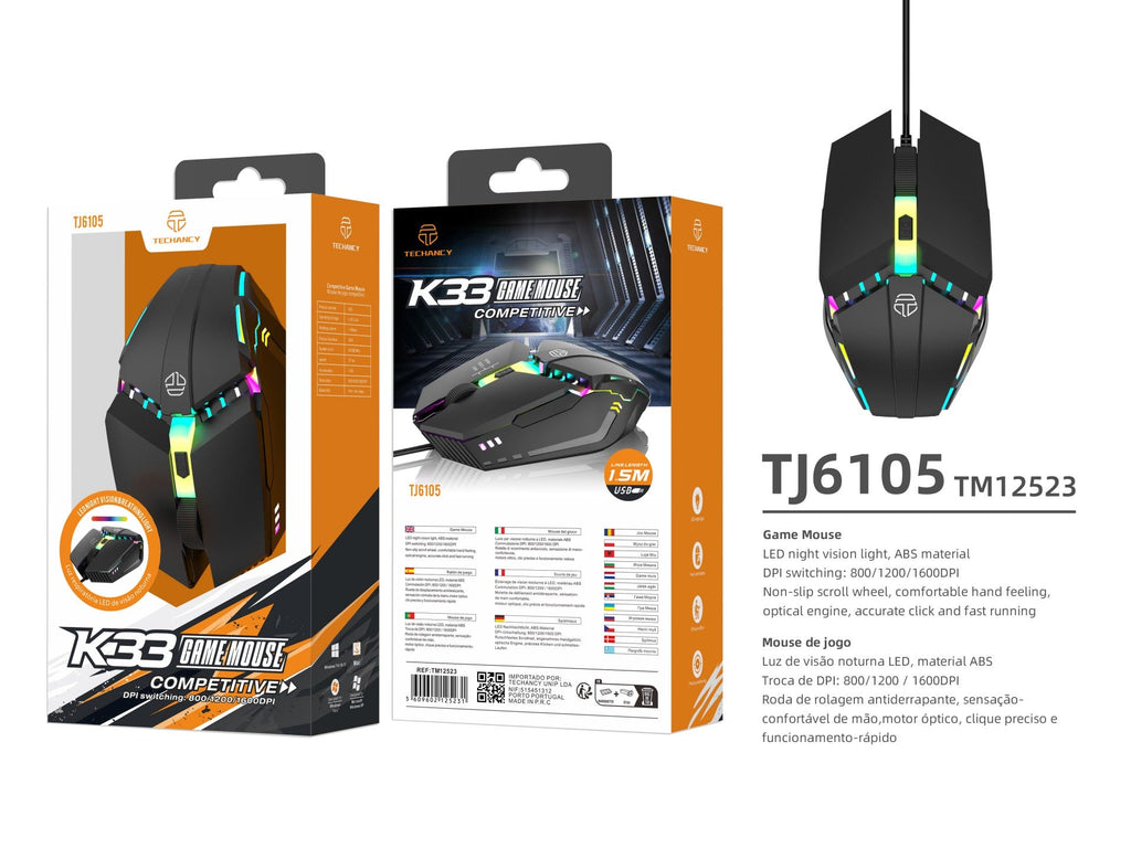 Techancy Gaming Mouse TJ6105, 1,5m, Com Led, Comutação De Dpi De 3 Velocidades, Roda De Deslocamento Antiderrapante